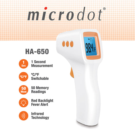 Photo of microdot® HA-650 Infrared Forehead Thermometer with Key Highlights